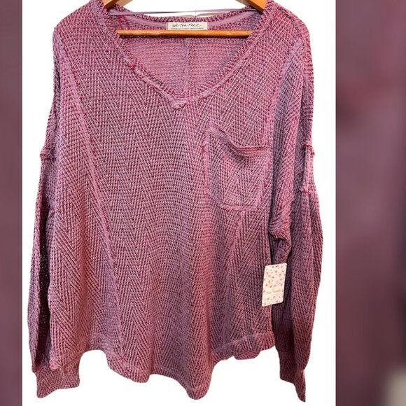Free People NWT size M Fresh & New Hacci Oversized Knit Top in Mauve Moose Combo - Picture 2 of 7